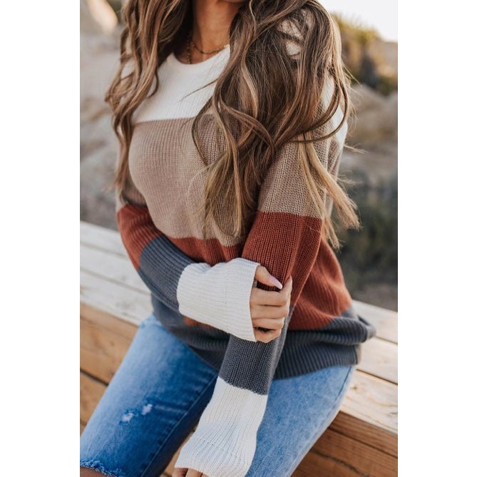 June Rust Color Block Knitted O-neck Pullover Sweater