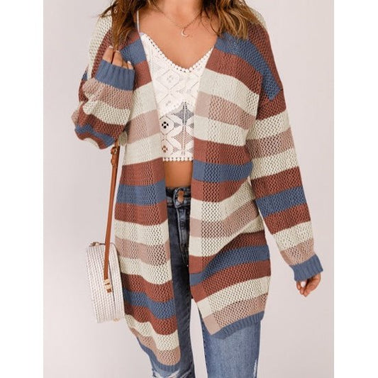 Henrietta Blue Striped Color Block Hollowed Knit Cardigan