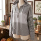 Joleigh Grey Waffle Printed Patchwork Drawstring Hooded Long Sleeve Top