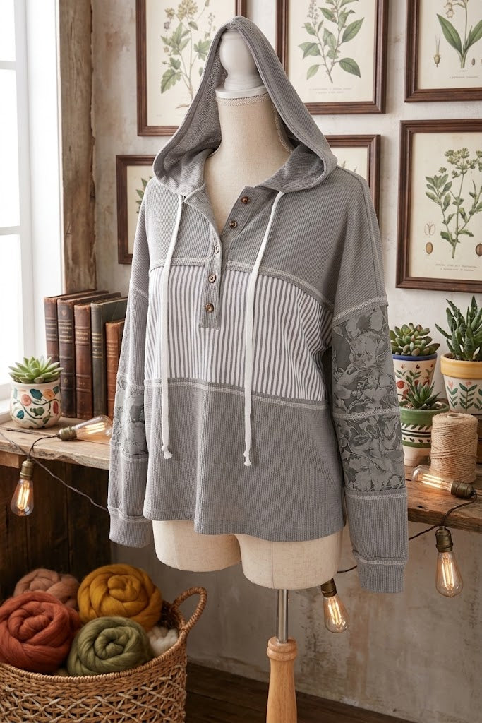 Joleigh Grey Waffle Printed Patchwork Drawstring Hooded Long Sleeve Top