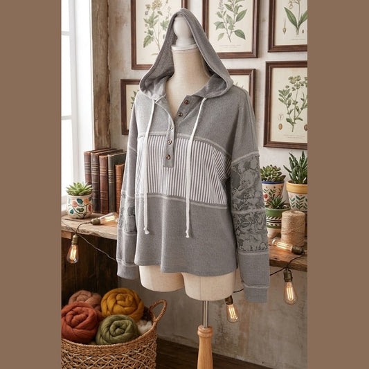 Joleigh Grey Waffle Printed Patchwork Drawstring Hooded Long Sleeve Top