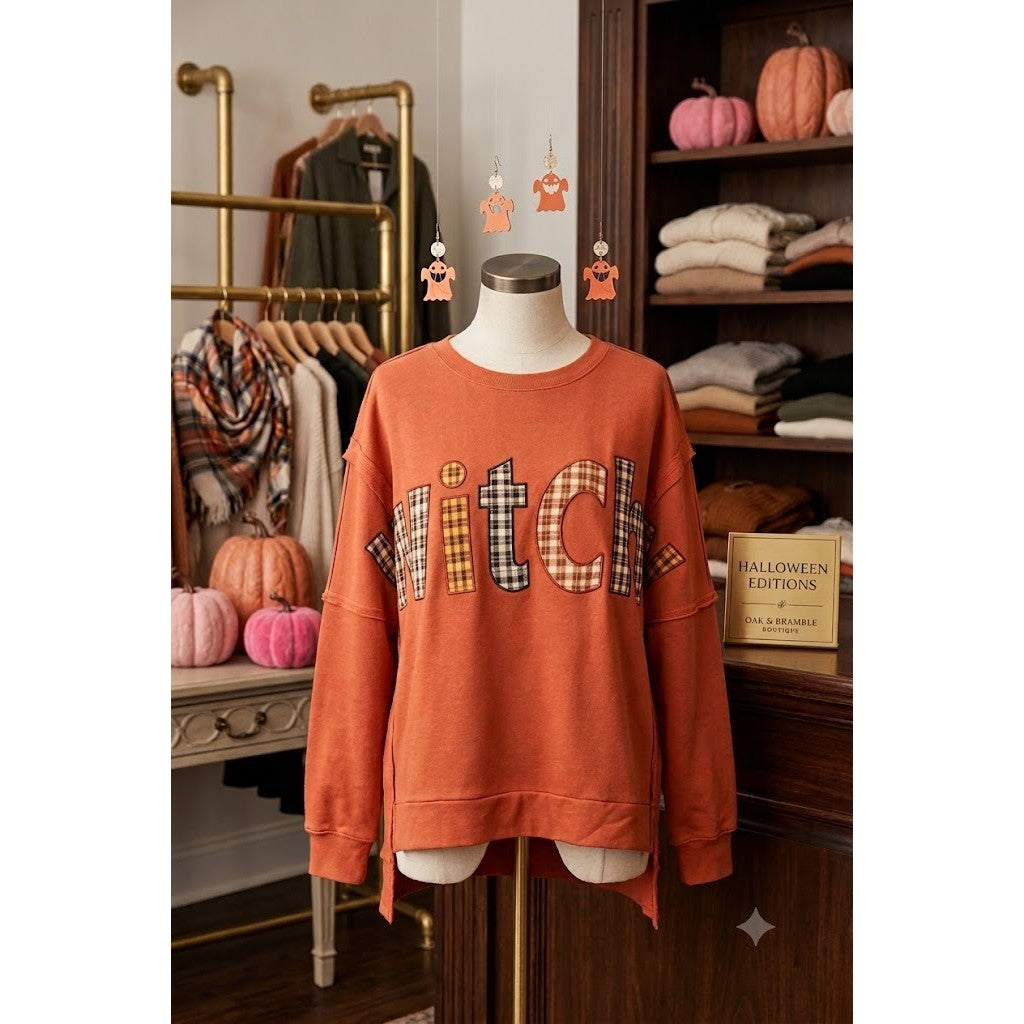 Halloween Witchy Plaid Slogan Embroidered Patch Tunic Sweatshirt