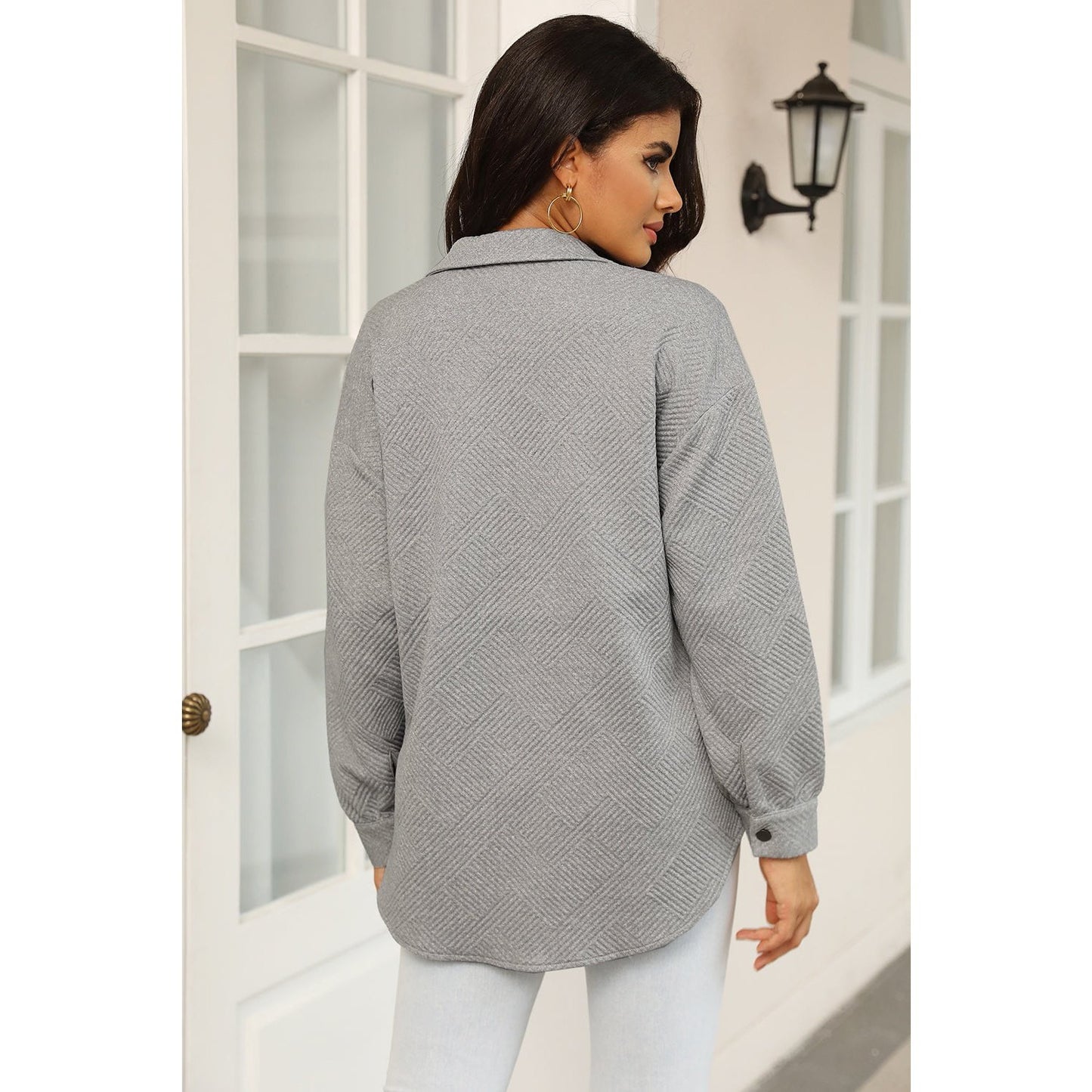 Gladis Grey Solid Textured Flap Pocket Buttoned Shacket