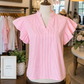 Chanler Stripe Short Bubble Sleeve Split V Neck Blouse