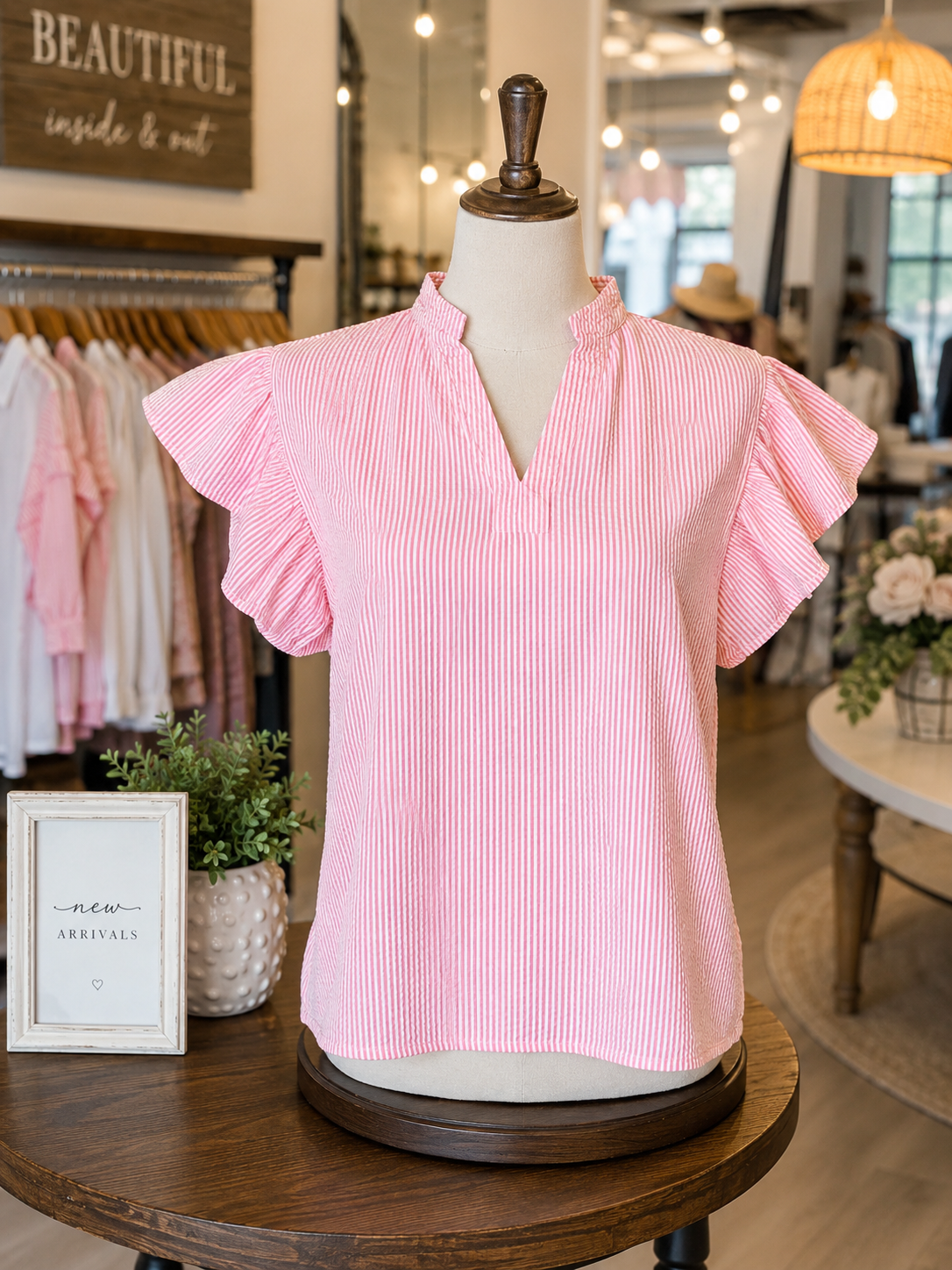 Chanler Stripe Short Bubble Sleeve Split V Neck Blouse