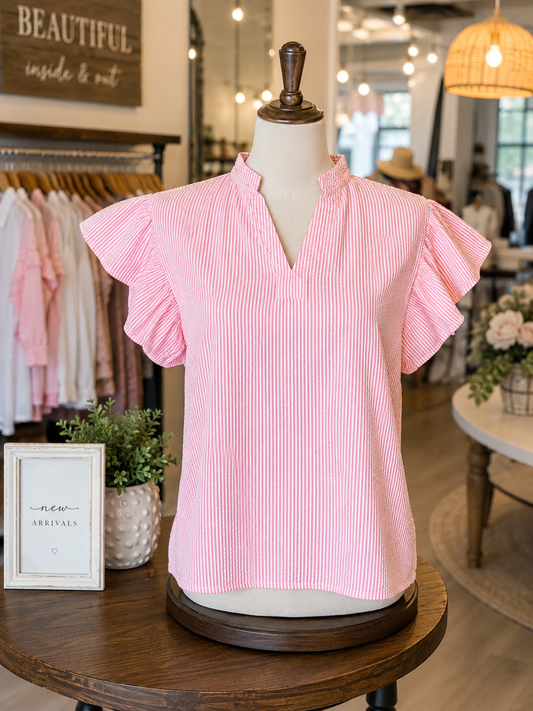 Chanler Stripe Short Bubble Sleeve Split V Neck Blouse