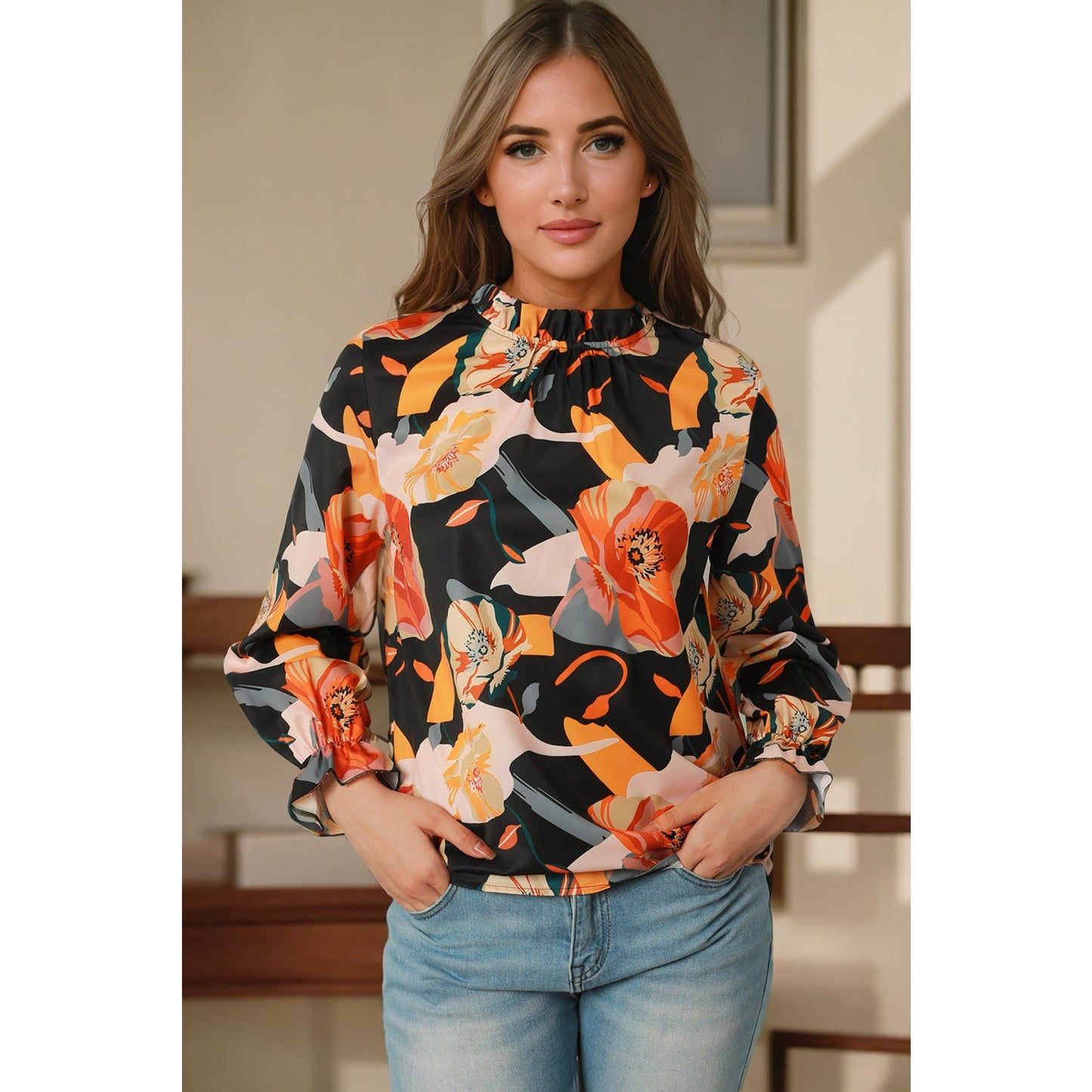 Paisley Floral Print Mock Neck Blouse