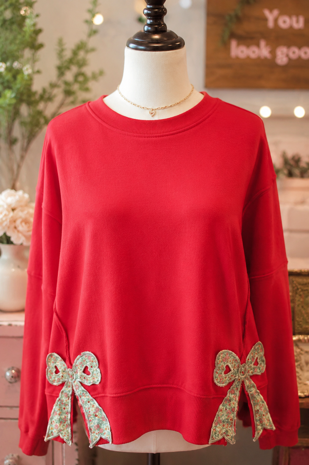 Sonda Fiery Red Floral Bow Patched Exposed Seam Patchwork Slit Baggy Sweatshirt