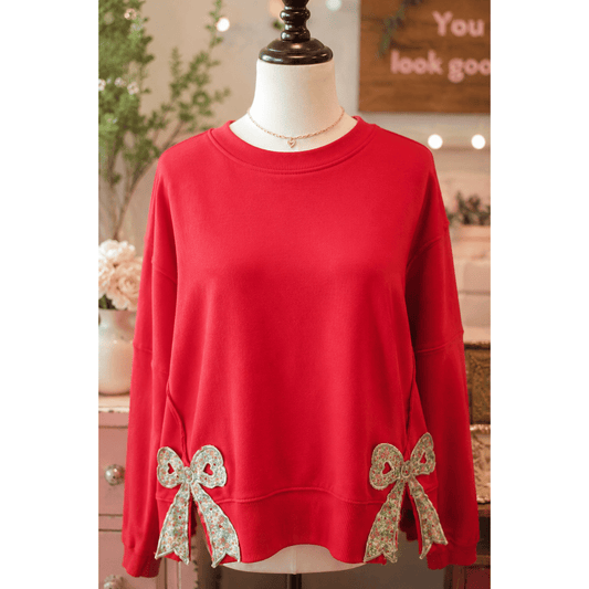 Sonda Fiery Red Floral Bow Patched Exposed Seam Patchwork Slit Baggy Sweatshirt