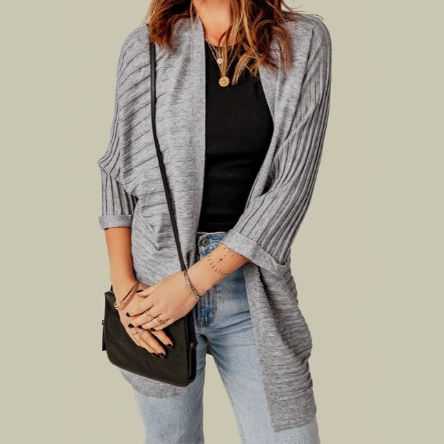 Chanda Grey Ribbed Open Front Knit Cardigan
