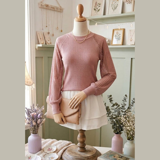 Gidgett Pink Striped Mesh Long Sleeve Crewneck Ribbed Top