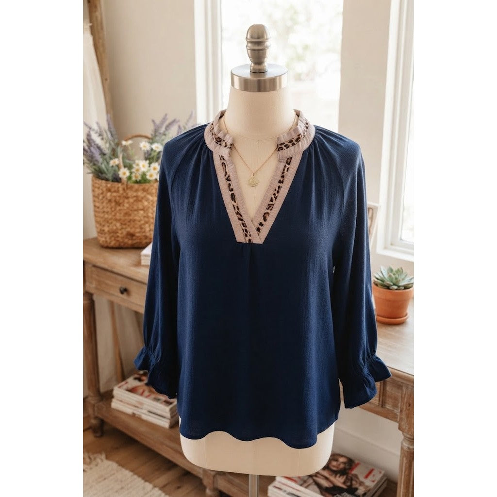 SALE!!!  Konner Dirty Blue Leopard Trim V Neck Flounced Bracelet Sleeve Blouse