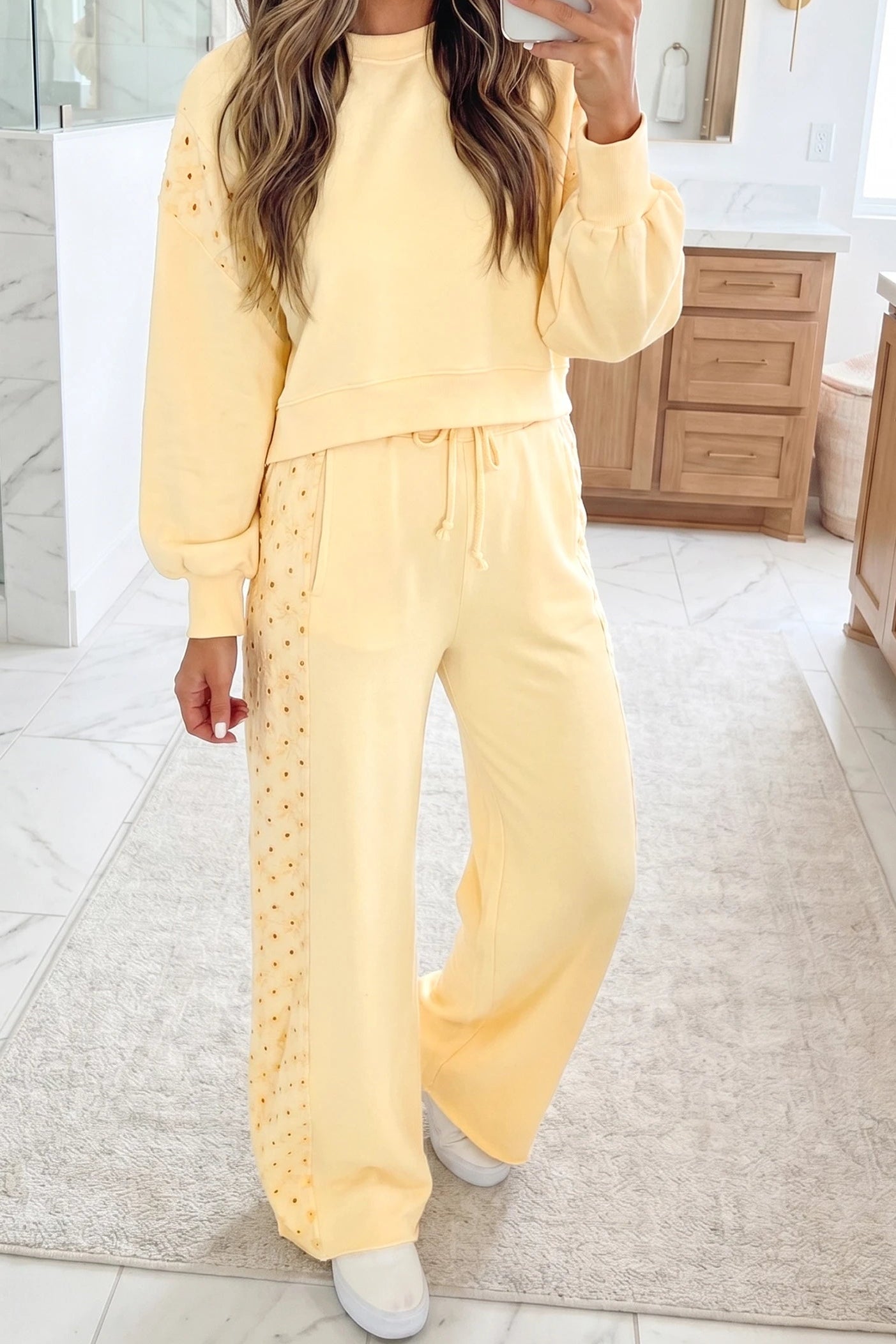Fiona Yellow Cream Eyelet Embroidered Lace Patchwork Cropped Pullover Drawstring Pants Set