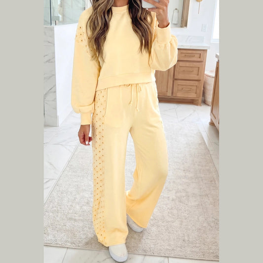 Fiona Yellow Cream Eyelet Embroidered Lace Patchwork Cropped Pullover Drawstring Pants Set