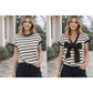 Haiden Black Stripe Bow Applique REVERSIBLE Short Sleeve Sweater