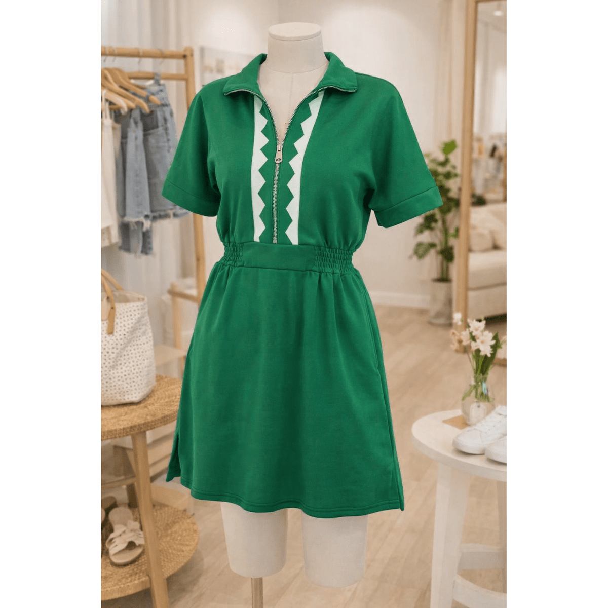 SALE!!!  Melony Green Contrast Patchwork Half Zip Elastic Waist Short Sleeve Mini Dress