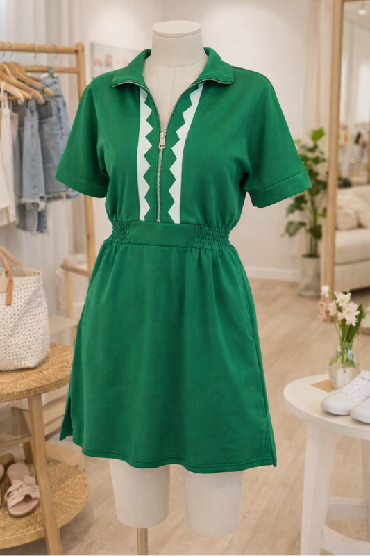 SALE!!!  Melony Green Contrast Patchwork Half Zip Elastic Waist Short Sleeve Mini Dress