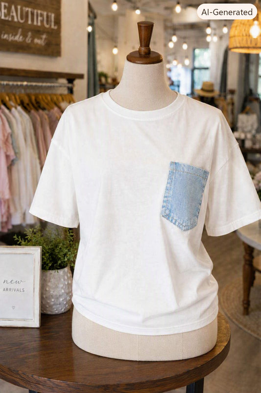 Jeanann White Color Block Chest Pocket Patched Casual Short Sleeve Top