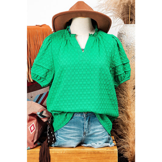 Bessie Bright Green Textured Puff Short Sleeve Notched V Neck Top
