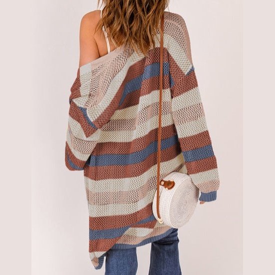 Henrietta Blue Striped Color Block Hollowed Knit Cardigan