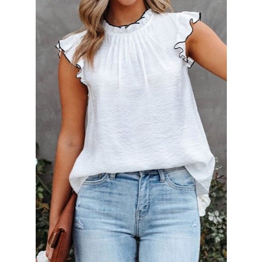 DESTASH Melony White Contrast Trim Ruffled Cap Sleeve Crew Neck Blouse