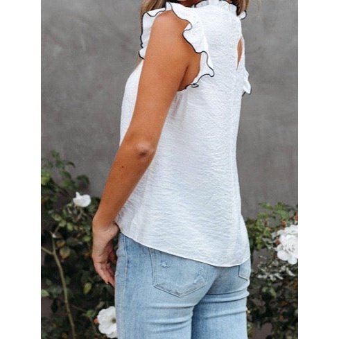 DESTASH Melony White Contrast Trim Ruffled Cap Sleeve Crew Neck Blouse