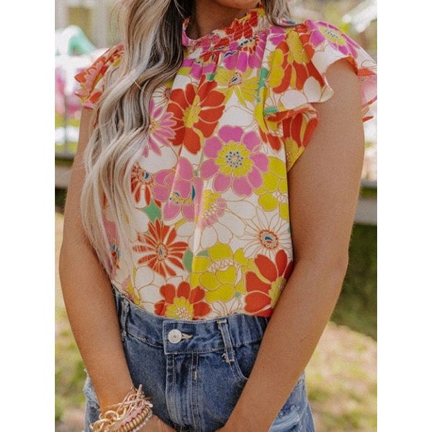 Ronda Yellow Multicolor Stand Collar Flutter Sleeves Floral Top