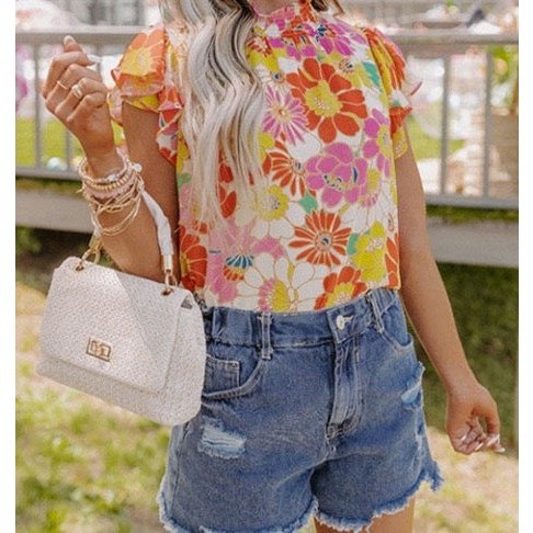 Ronda Yellow Multicolor Stand Collar Flutter Sleeves Floral Top