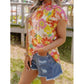 Ronda Yellow Multicolor Stand Collar Flutter Sleeves Floral Top