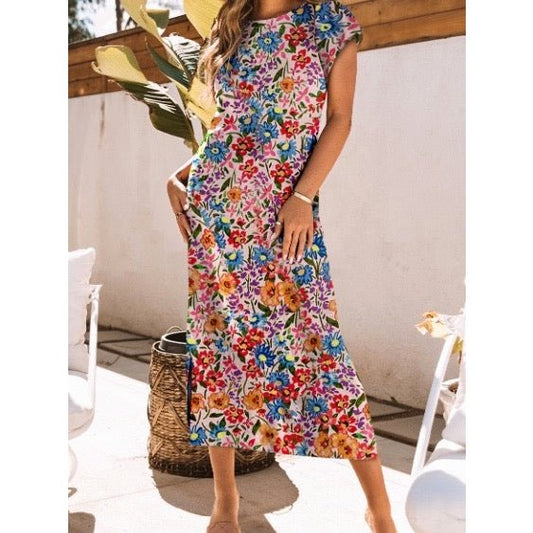 Selina Multicolor Floral Print Short Sleeve Maxi Dress