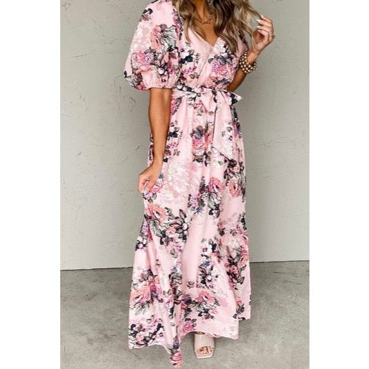 Toni Pink Floral Puff Sleeve High Waist Maxi Dress