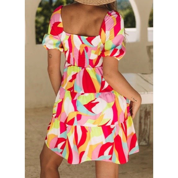 Serrano Multicolor Geometric Print Smocked Babydoll Mini Dress