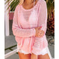 Israella Pink Knitted Eyelets Round Neck Long Sleeve Top