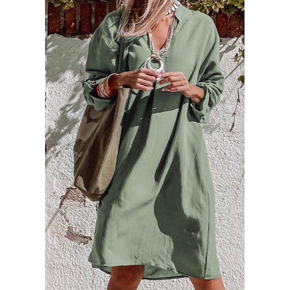 Viola Green Roll-tab Sleeve Flowy Casual Dress