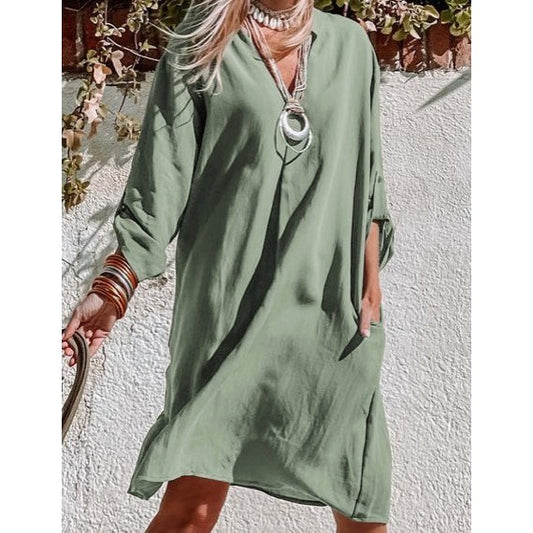 Viola Green Roll-tab Sleeve Flowy Casual Dress