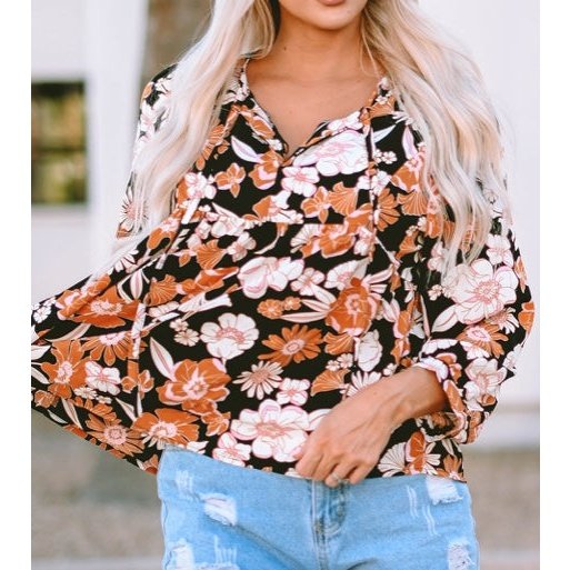 Candace Brown Floral Print 3/4 Sleeve Babydoll Blouse