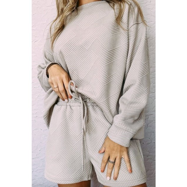 Jamilla Grey Textured Long Sleeve Top and Drawstring Shorts Set