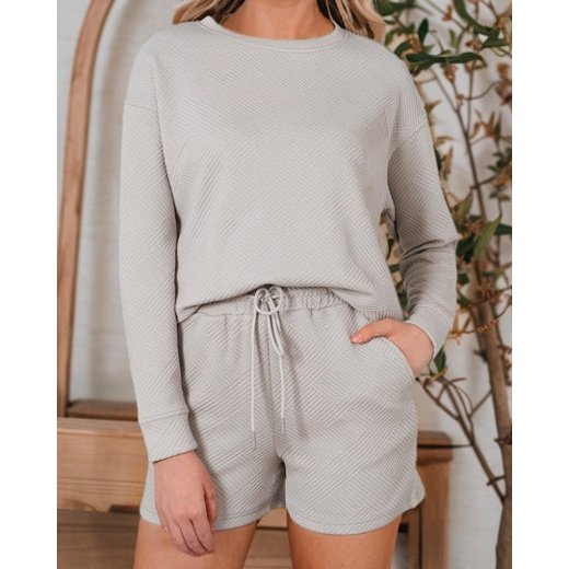 Jamilla Grey Textured Long Sleeve Top and Drawstring Shorts Set