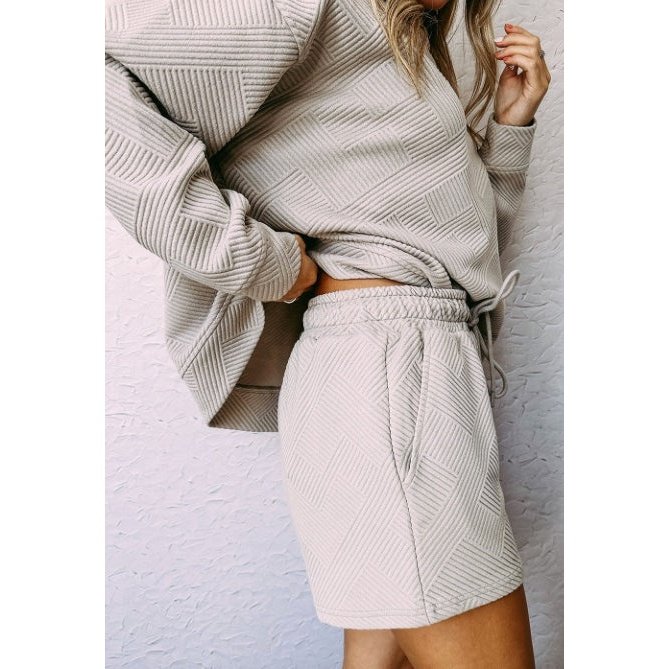 Jamilla Grey Textured Long Sleeve Top and Drawstring Shorts Set