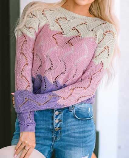 Jeanann Pink Color Block Hollow Knitted Loose Sweater