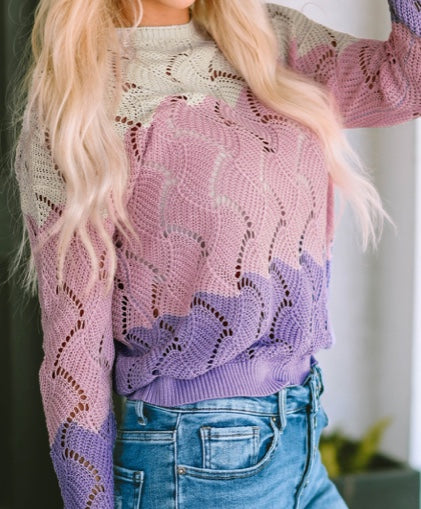 Jeanann Pink Color Block Hollow Knitted Loose Sweater