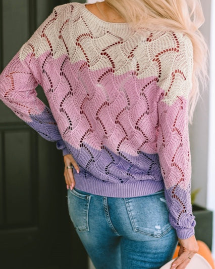 Jeanann Pink Color Block Hollow Knitted Loose Sweater