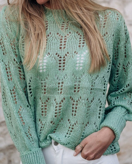 Veyda Green Sheer Knitted Pointelle Sweater