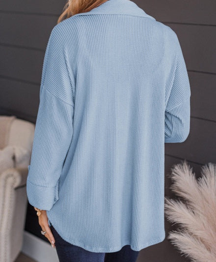 Albie Sky Blue Roll Tab Sleeve Ribbed Cording Shacket