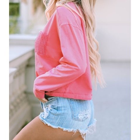 Nessa Pink Lace Patch Pocket Long Sleeve T-shirt