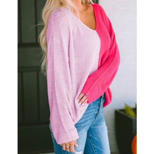 Carlile Pink Long Sleeve V-Neck Colorblock Sweater