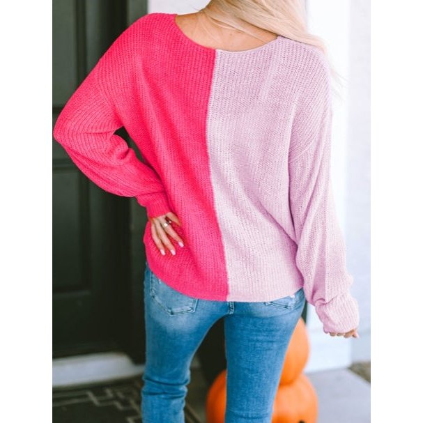 Carlile Pink Long Sleeve V-Neck Colorblock Sweater