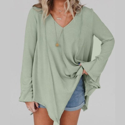 Tanja Green Ribbed Expose Seam Bell Sleeve Top