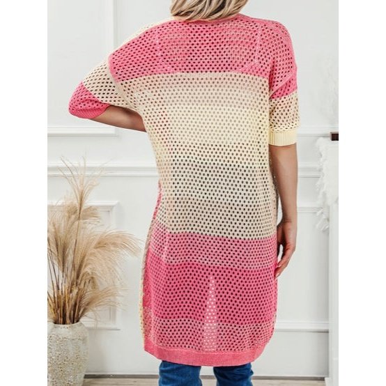 Janece Pink Ribbed Short Sleeve Ombre Eyelet Knitted Cardigan