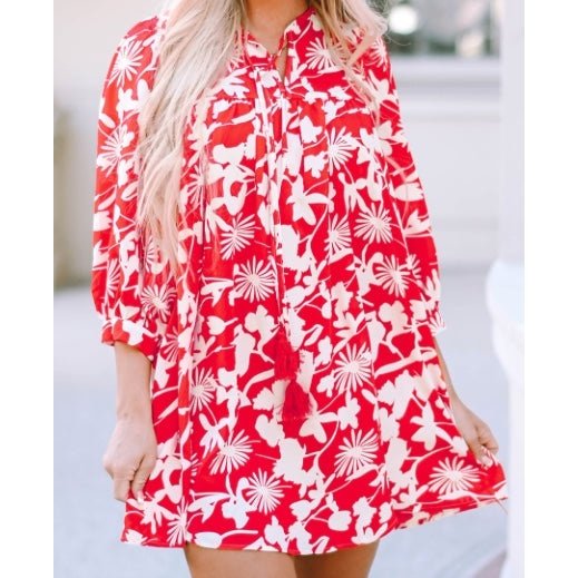 Rosie Red Floral Print Puff Sleeve Split Neck Babydoll Mini Dress